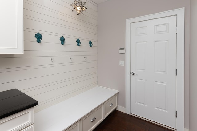 mudroom with wood walls and dark hardwood / wood-style flooring