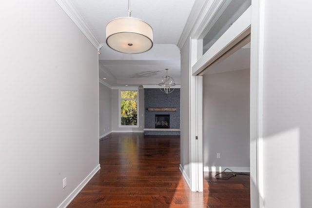 corridor featuring dark wood-type flooring and crown molding