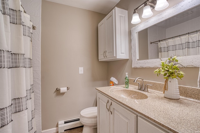 bathroom with a shower with curtain, vanity, toilet, and a baseboard heating unit