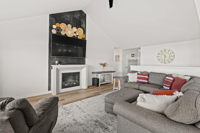 living room with wood-type flooring and vaulted ceiling