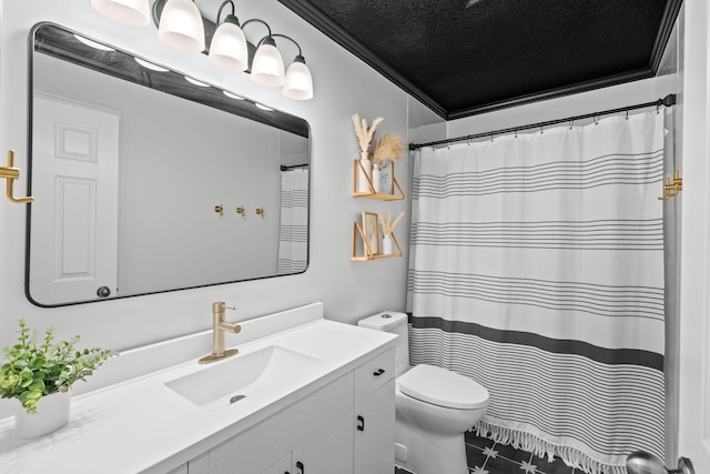 bathroom with toilet, vanity, a textured ceiling, and crown molding