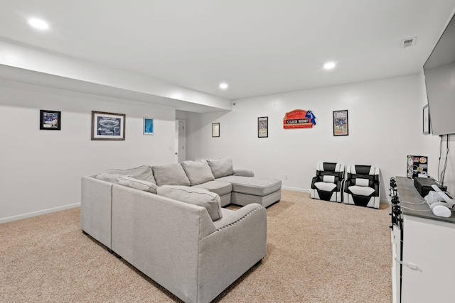 living room featuring light colored carpet