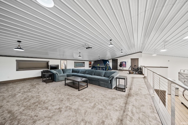 living room with light carpet and lofted ceiling