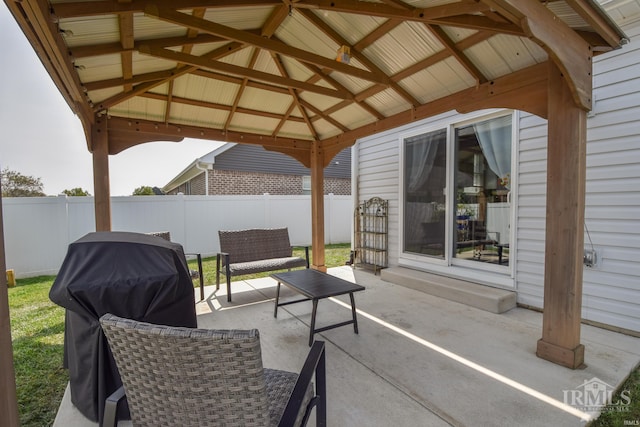 view of patio / terrace with outdoor lounge area, area for grilling, and a gazebo