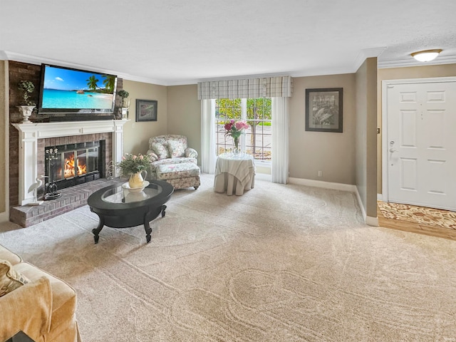 carpeted living room with a fireplace and crown molding