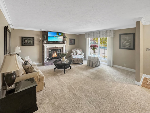 living room with a fireplace, light carpet, a textured ceiling, and crown molding