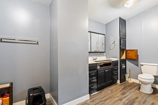 bathroom with toilet, vanity, and hardwood / wood-style floors