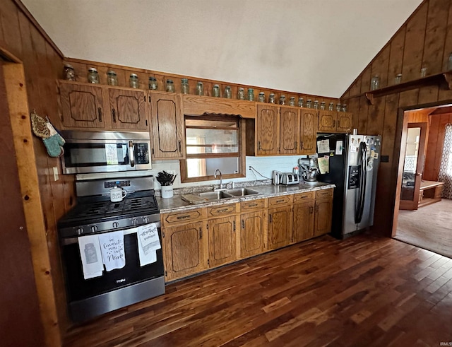 kitchen with dark wood-type flooring, wood walls, sink, and stainless steel appliances