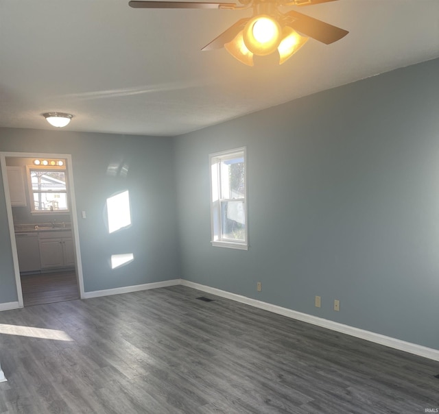 empty room featuring ceiling fan, dark hardwood / wood-style floors, and sink