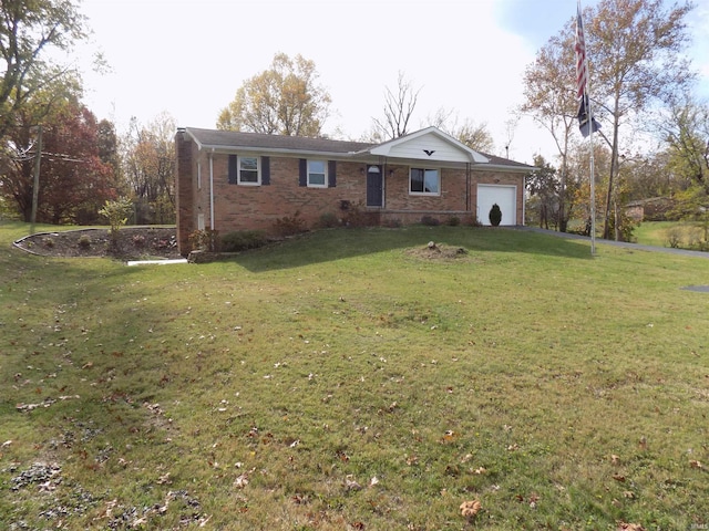 single story home with a garage and a front lawn