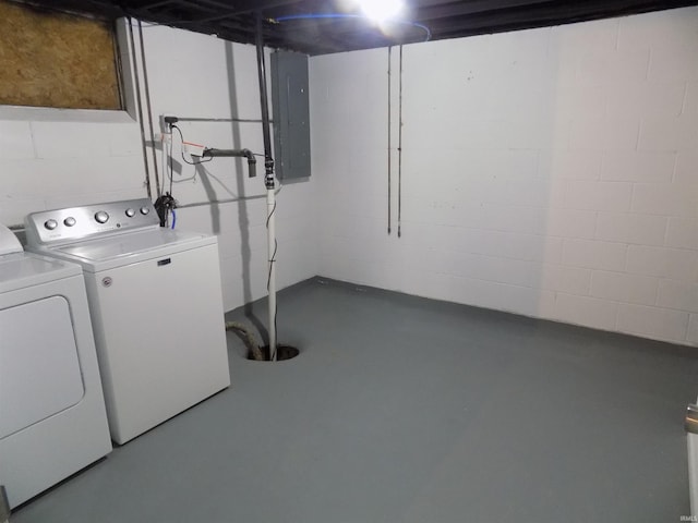 washroom with washing machine and clothes dryer and electric panel