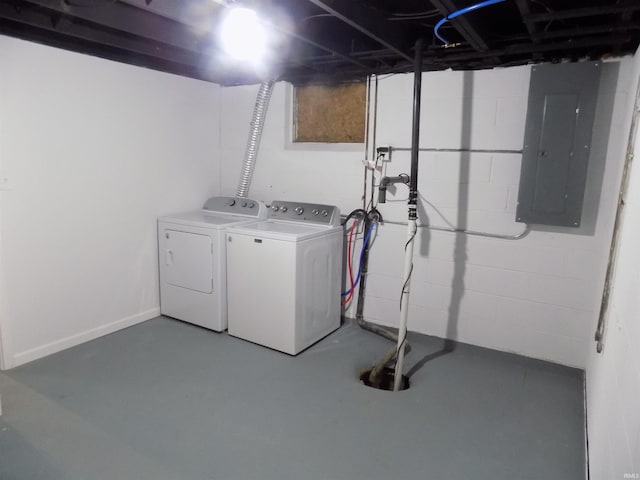 laundry room featuring electric panel and washer and dryer