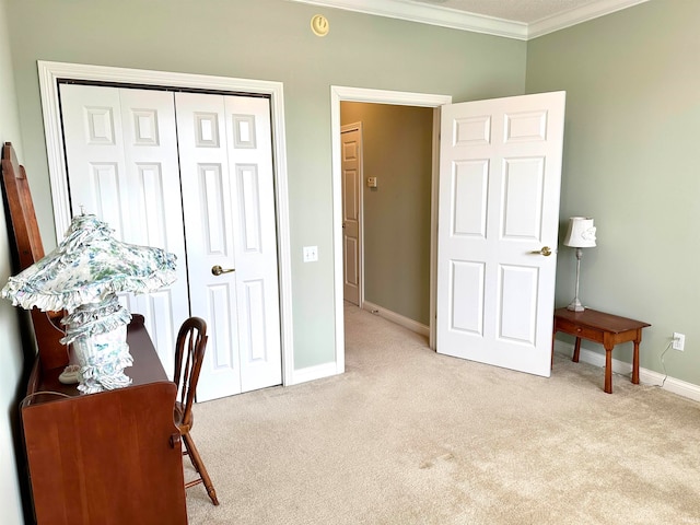 carpeted office featuring crown molding