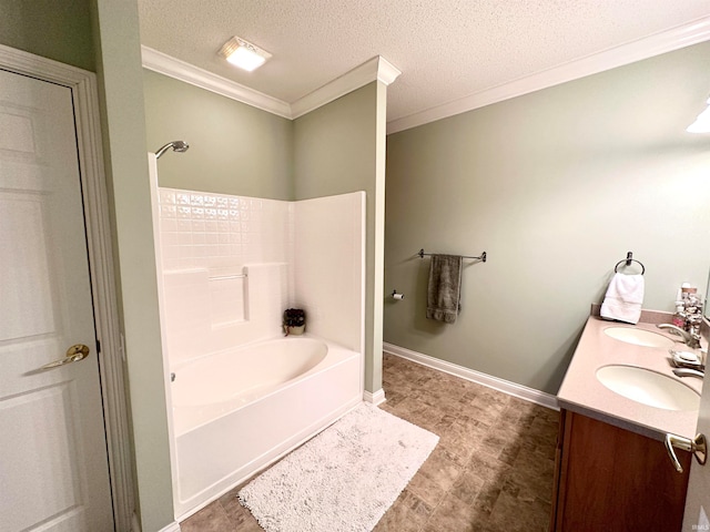 bathroom featuring wood-type flooring, crown molding, vanity, a textured ceiling, and independent shower and bath