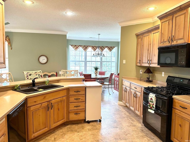 kitchen with black appliances, a chandelier, a textured ceiling, sink, and crown molding