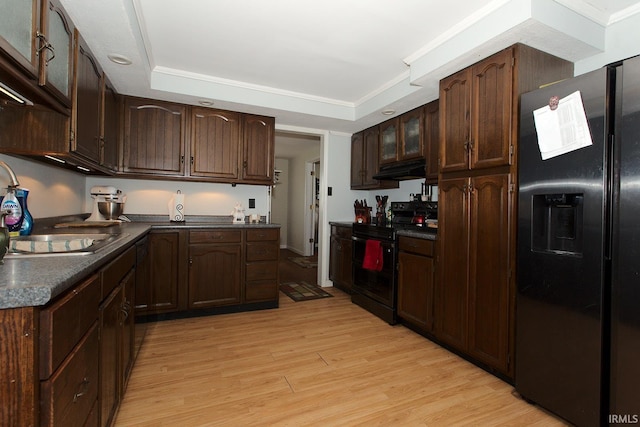 kitchen featuring dark brown cabinetry, black appliances, sink, a tray ceiling, and light wood-type flooring