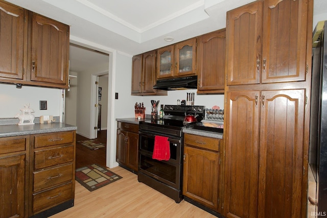 kitchen with double oven range, ornamental molding, range hood, a tray ceiling, and light hardwood / wood-style flooring