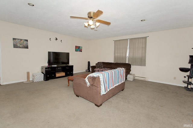 living room with ceiling fan, baseboard heating, and carpet floors