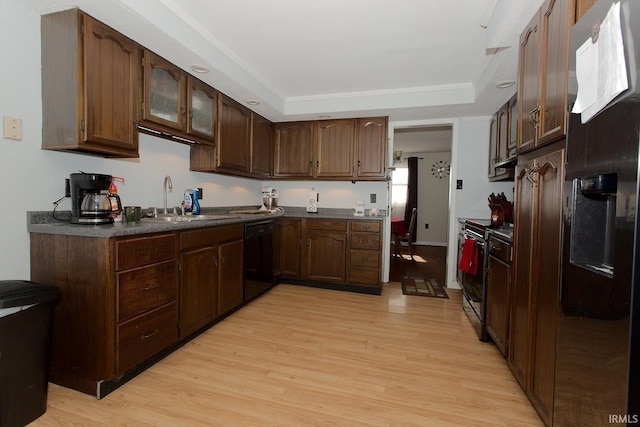 kitchen with light hardwood / wood-style floors, black appliances, sink, a tray ceiling, and dark brown cabinets