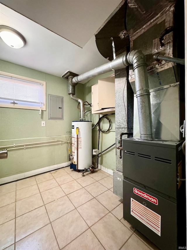 utilities with electric panel, water heater, and heating unit