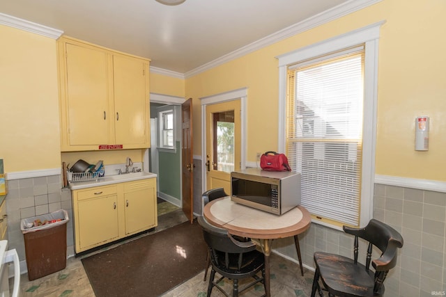 kitchen with tile walls, sink, and crown molding