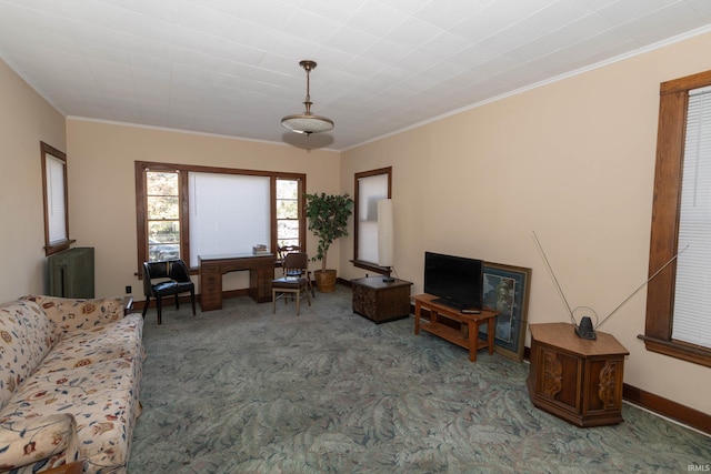 living room with carpet flooring and crown molding