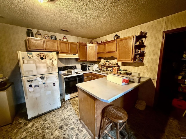 1839 S Meridian Rd, Mitchell, IN 47446 - kitchen with white appliances, under cabinet range hood, a peninsula, wallpapered walls, and brown cabinetry