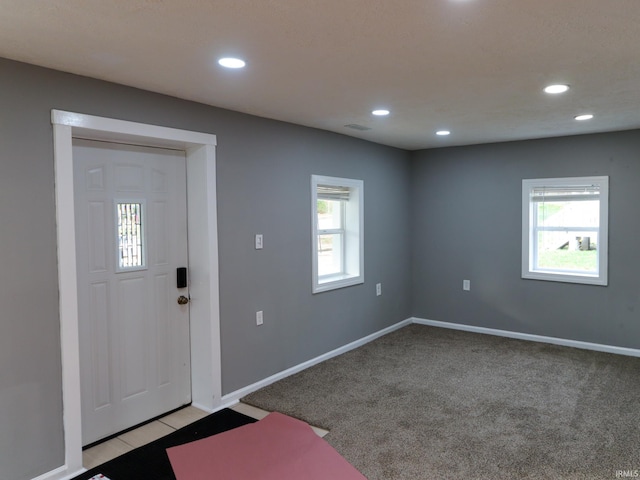 entryway featuring a wealth of natural light and light carpet