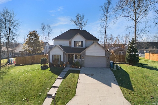 front facade with a garage and a front yard