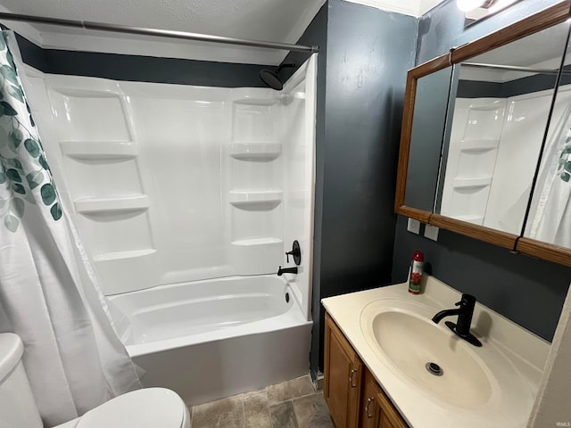 full bathroom featuring shower / bath combo, vanity, and toilet