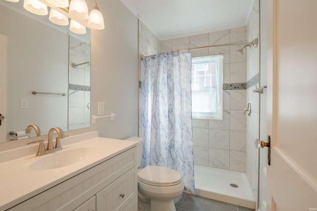 bathroom with vanity, tile patterned floors, toilet, and a shower with shower curtain