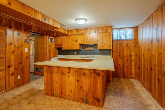 kitchen featuring wood walls, kitchen peninsula, and sink