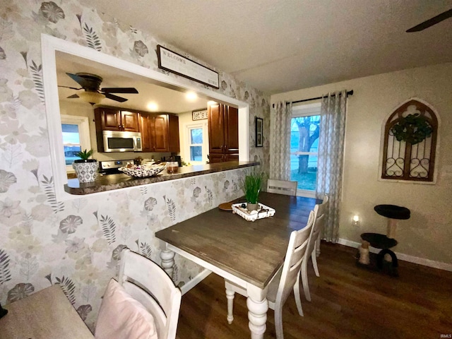 dining room with ceiling fan and dark hardwood / wood-style flooring