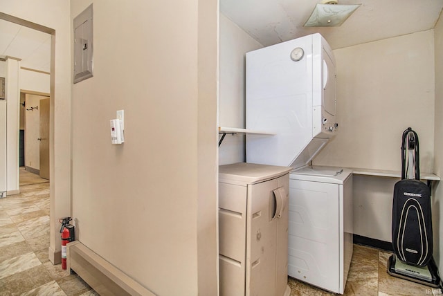 15560 County Road 44, Goshen, IN 46526 - laundry area featuring stacked washing machine and dryer and electric panel