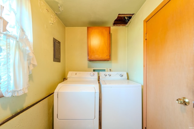 washroom with electric panel, cabinets, and washing machine and clothes dryer