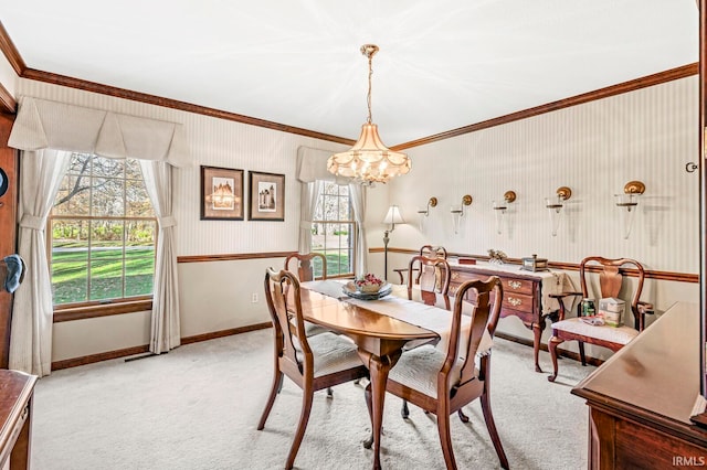 carpeted dining room with an inviting chandelier, ornamental molding, and plenty of natural light