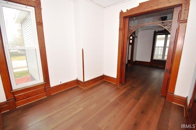 hallway featuring dark hardwood / wood-style flooring and a healthy amount of sunlight