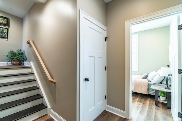 stairway featuring hardwood / wood-style flooring