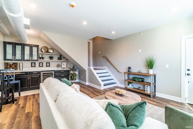 living room featuring beverage cooler and hardwood / wood-style floors