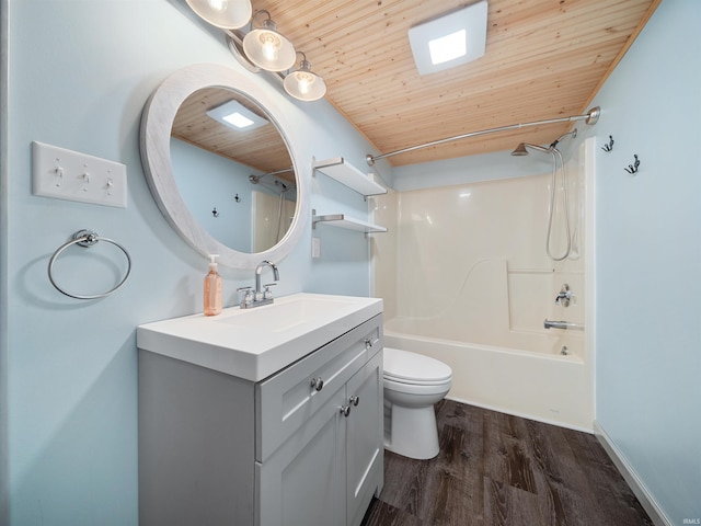 full bathroom with wood-type flooring, vanity, shower / bathing tub combination, toilet, and wooden ceiling