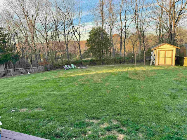 view of yard featuring a storage unit