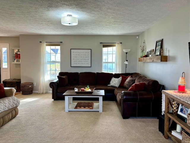 living room with light colored carpet and a textured ceiling