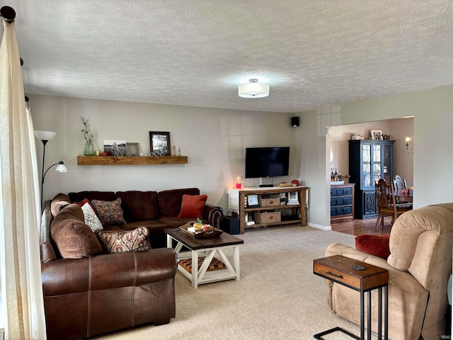 living room with a textured ceiling and carpet