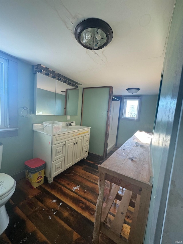 bathroom featuring a shower, hardwood / wood-style flooring, vanity, and toilet