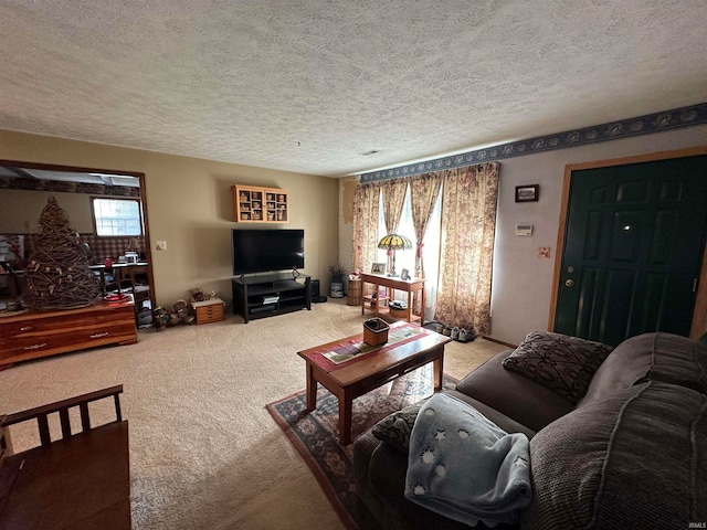 carpeted living room with a textured ceiling