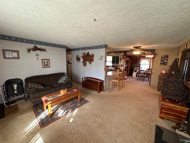 living room featuring ceiling fan, a textured ceiling, and carpet