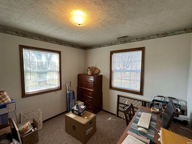 carpeted office space featuring a textured ceiling