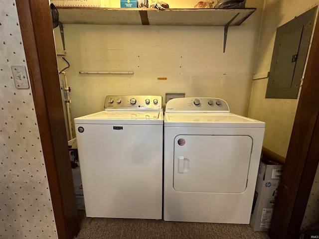 clothes washing area with electric panel, separate washer and dryer, and carpet floors