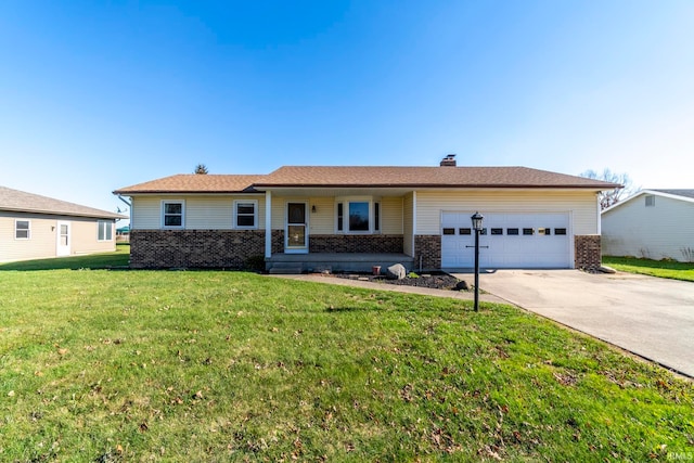 single story home featuring a garage and a front lawn