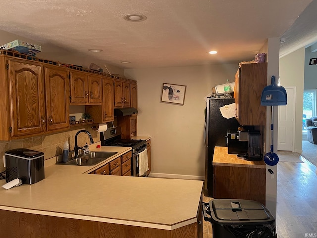 kitchen with kitchen peninsula, stainless steel stove, sink, and light hardwood / wood-style flooring